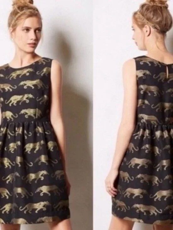 Eyedoll Anthropologie Black & Gold Panther Dress Woman's Size 4 - Picture 2 of 11